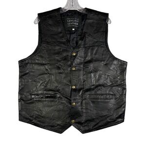 Italian Stone Design Leather Vest Mens‎ Large Black Snap Button Biker Western
